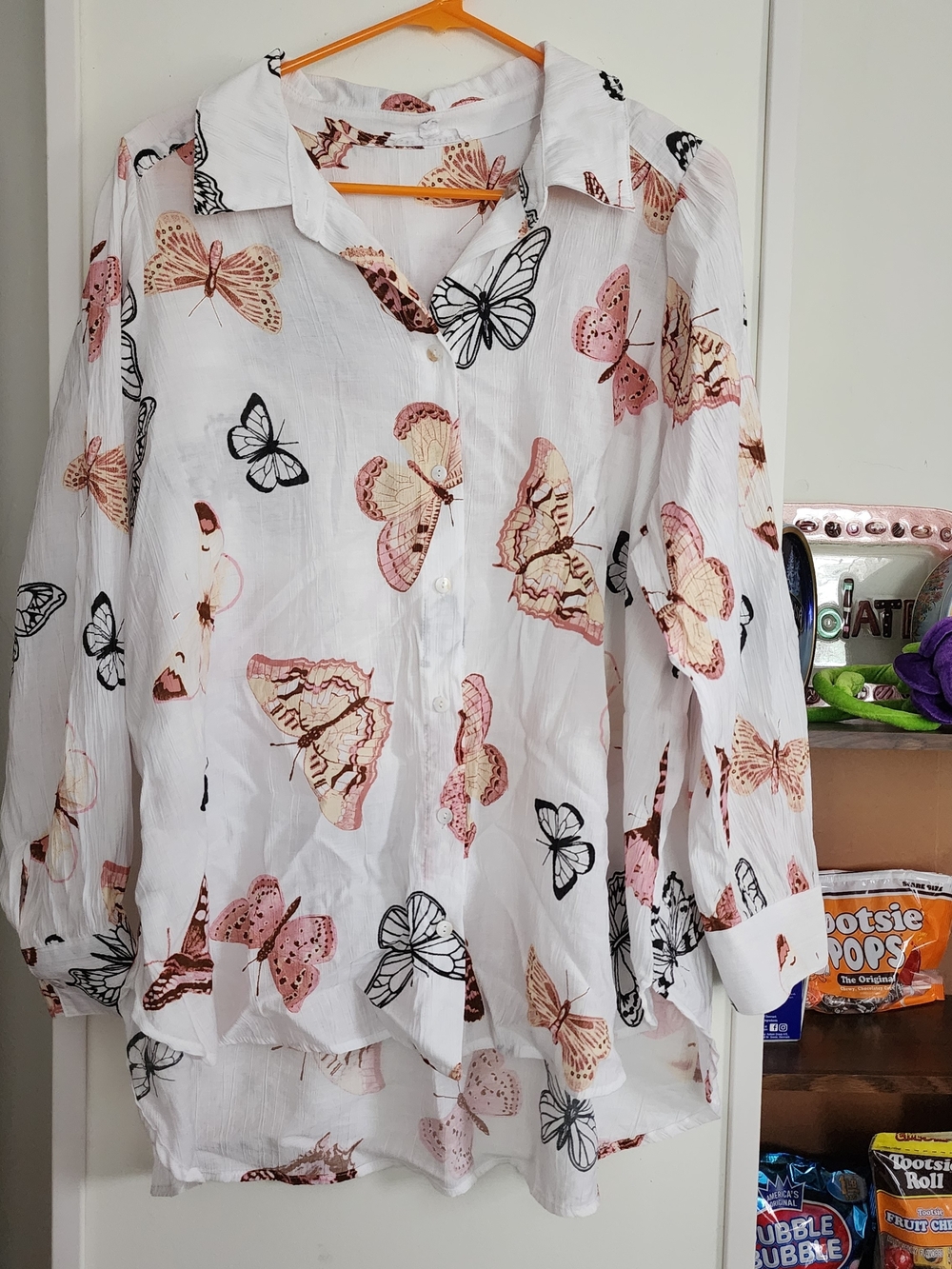 Jane and Delancey White Button-Down Blouse with Pink and Cream Butterfly Print